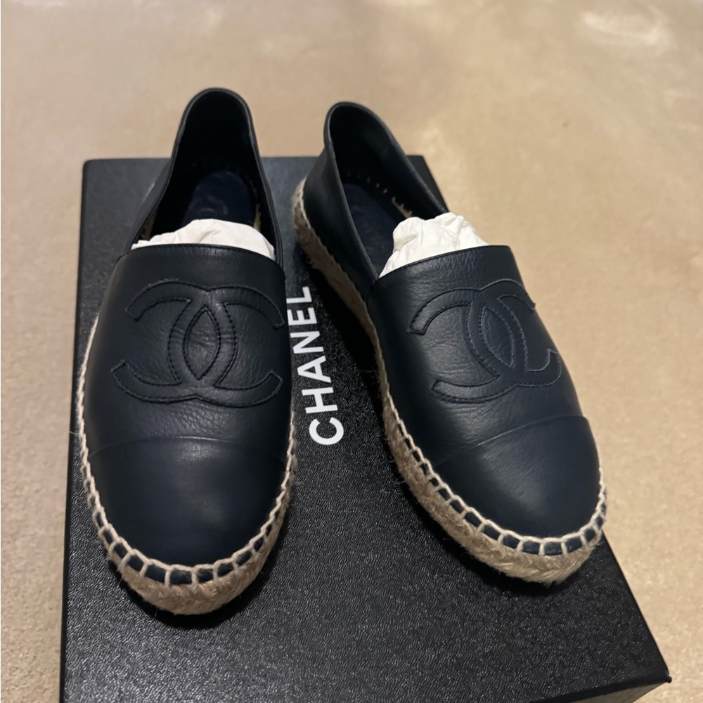 CHANEL Navy Leather Espadrilles
